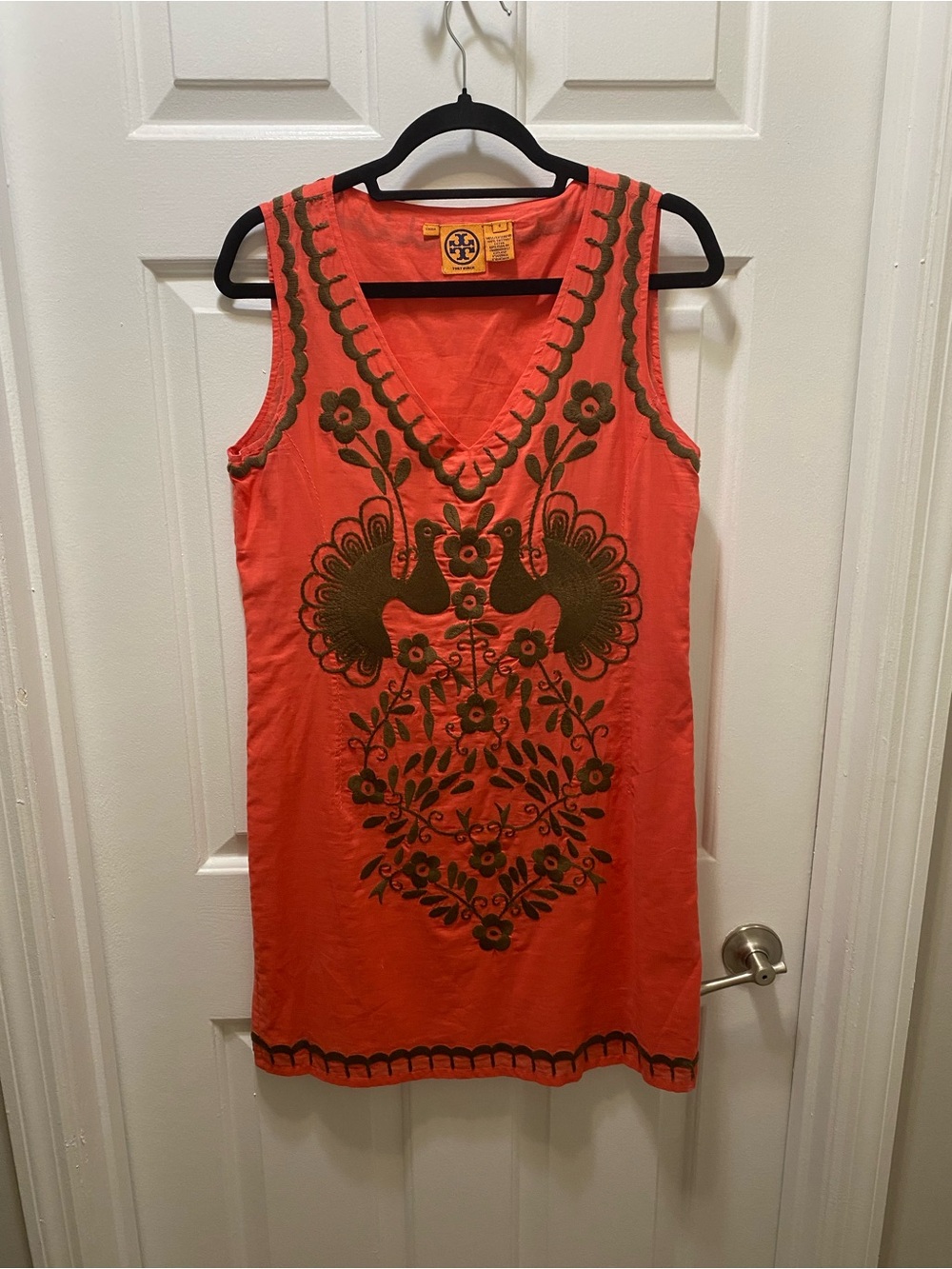 Tory Burch Coral Shift Dress with Brown Embroidery 8
